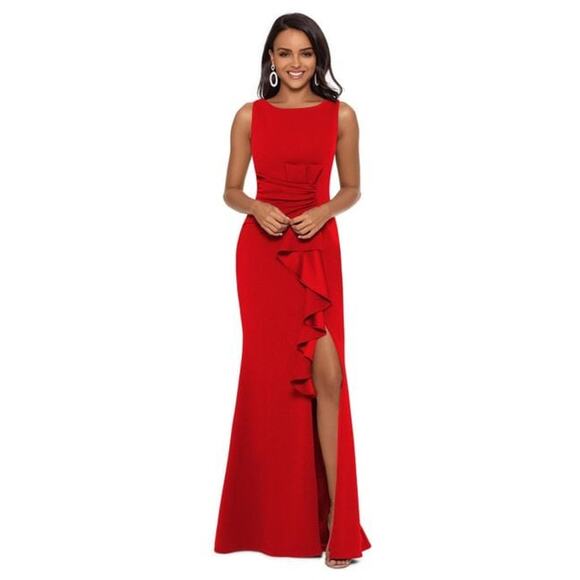 Betsy & Adam Petite Ruffled Boat-Neck Gown Dark Red P12 - Picture 1 of 2
